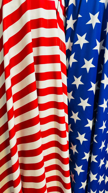 Freedom Stars and Stripes design on metallic nylon spandex w/ foggy foil all over 4-way stretch 58/60” High quality fabrics by AlexLAFabric