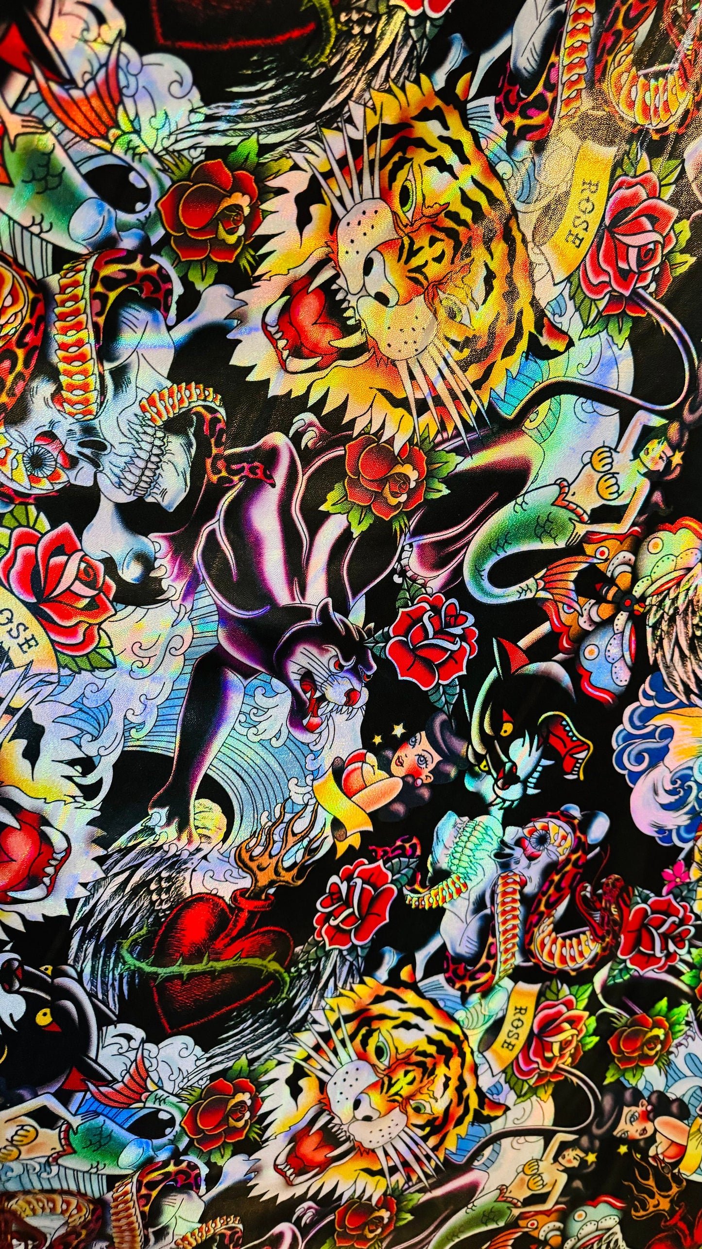 Luxury Japanese Tattoo design on shattered glass hologram metallic nylon spandex 4-way stretch 58/60” High Quality fabrics by AlexLAFabrics