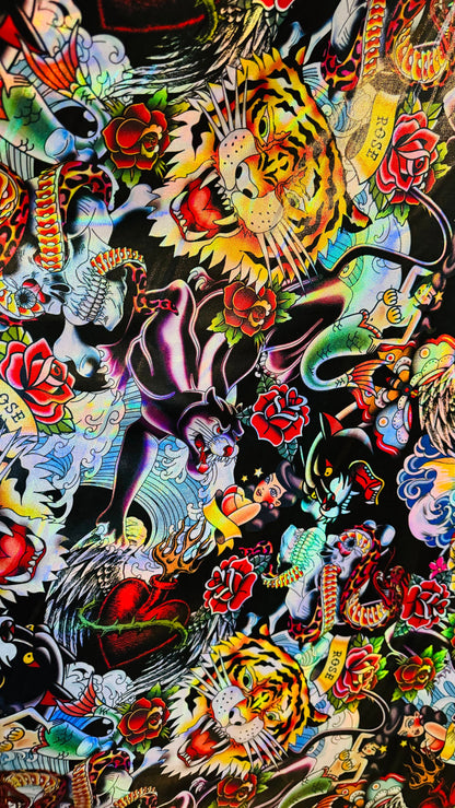 Luxury Japanese Tattoo design on shattered glass hologram metallic nylon spandex 4-way stretch 58/60” High Quality fabrics by AlexLAFabrics