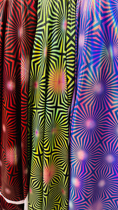 New Psychedelic Abstract design on Iridescent metallic nylon spandex with foggy foil 4-way stretch 58/60” High quality fabrics by AlexLAFabr