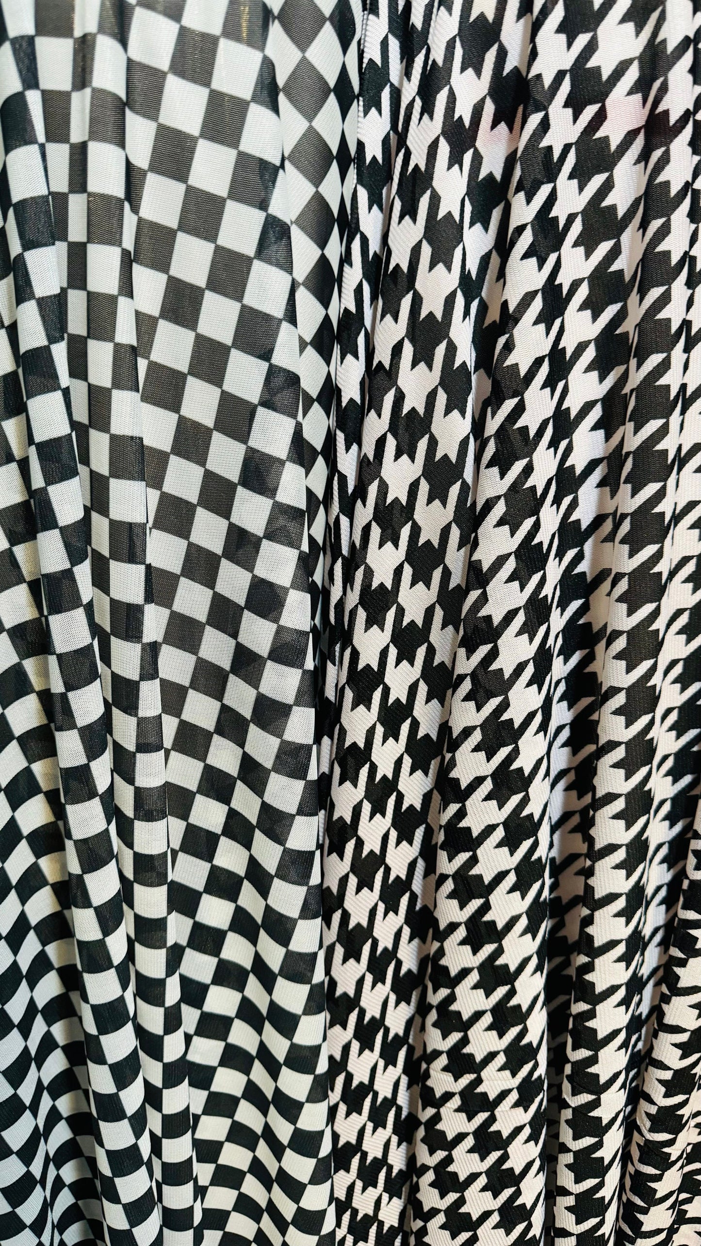 Checkers and Houndstooth designs print on great quality of power mesh 4-way stretch 58/60” High quality fabrics by AlexLAFabrics