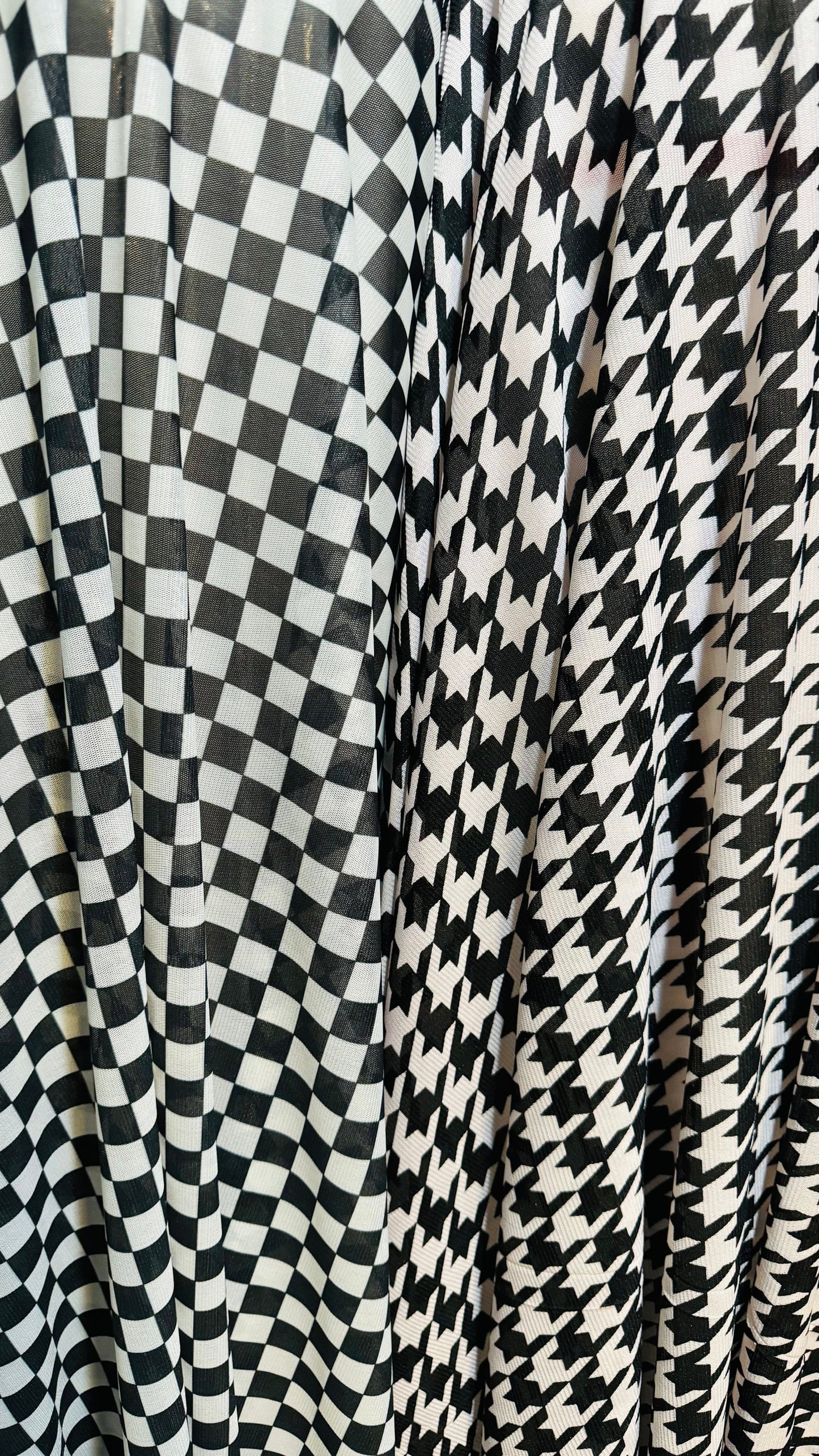 Checkers and Houndstooth designs print on great quality of power mesh 4-way stretch 58/60” High quality fabrics by AlexLAFabrics