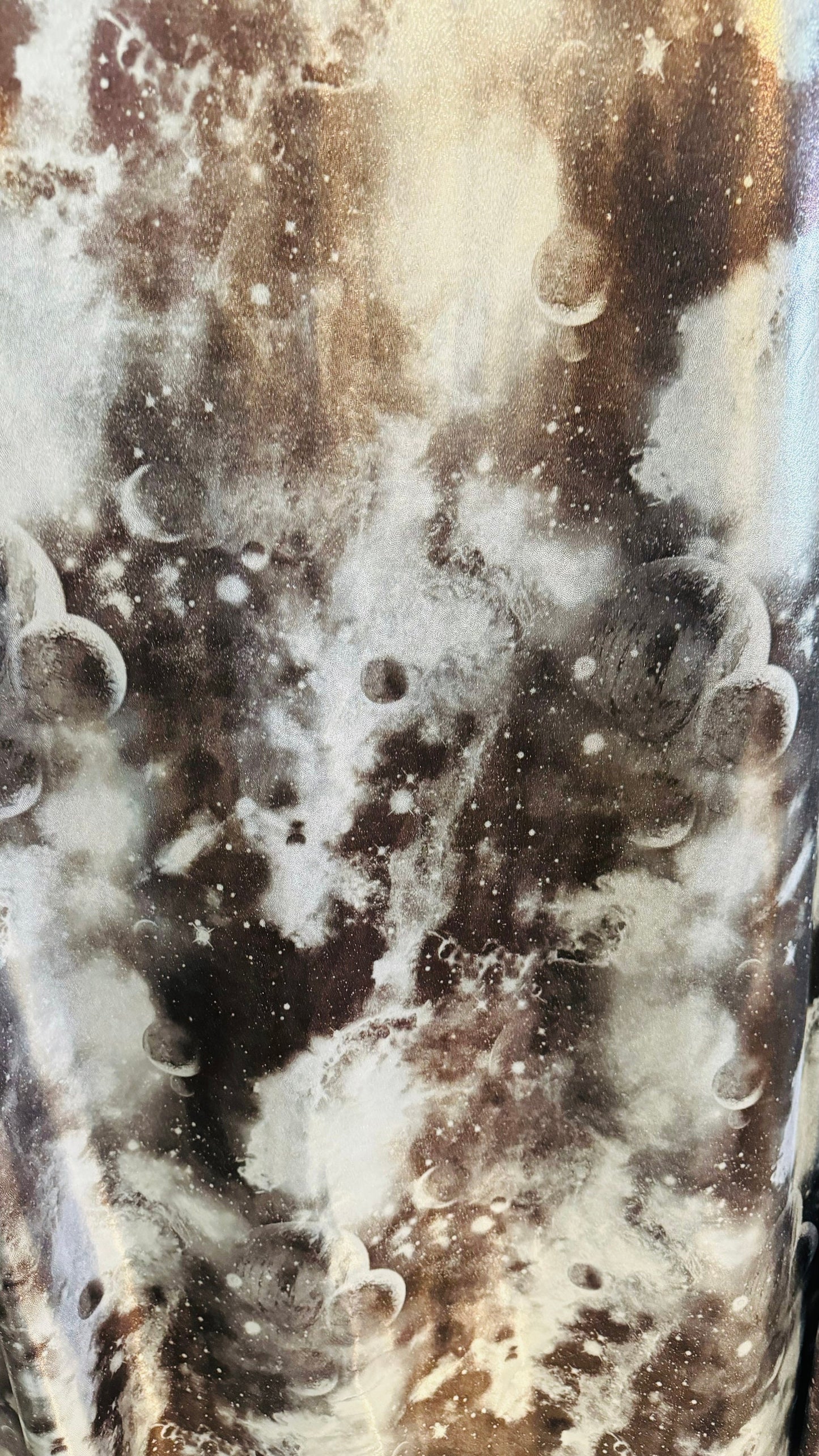 Galaxy design on metallic foggy foil nylon spandex 4-way stretch 58/60” High quality fabrics by AlexLAFabrics