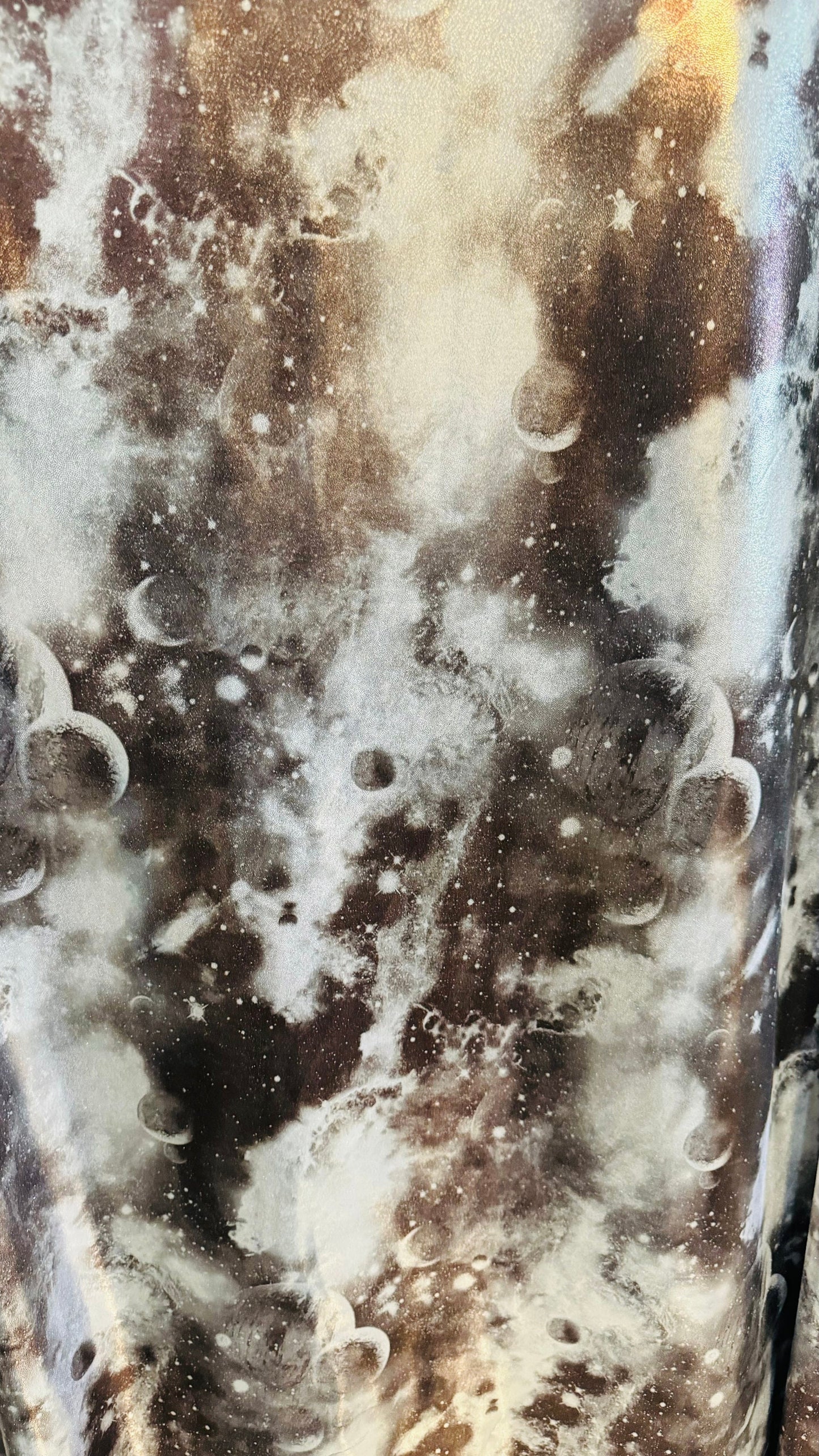 Galaxy design on metallic foggy foil nylon spandex 4-way stretch 58/60” High quality fabrics by AlexLAFabrics