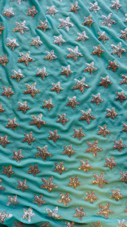 Stars Luxury sequins  design Tiffany/Silver embroidered on nylon power mesh 4-way stretch 55/57” High quality fabrics by AlexLAFabrics