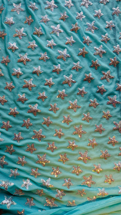 Stars Luxury sequins  design Tiffany/Silver embroidered on nylon power mesh 4-way stretch 55/57” High quality fabrics by AlexLAFabrics