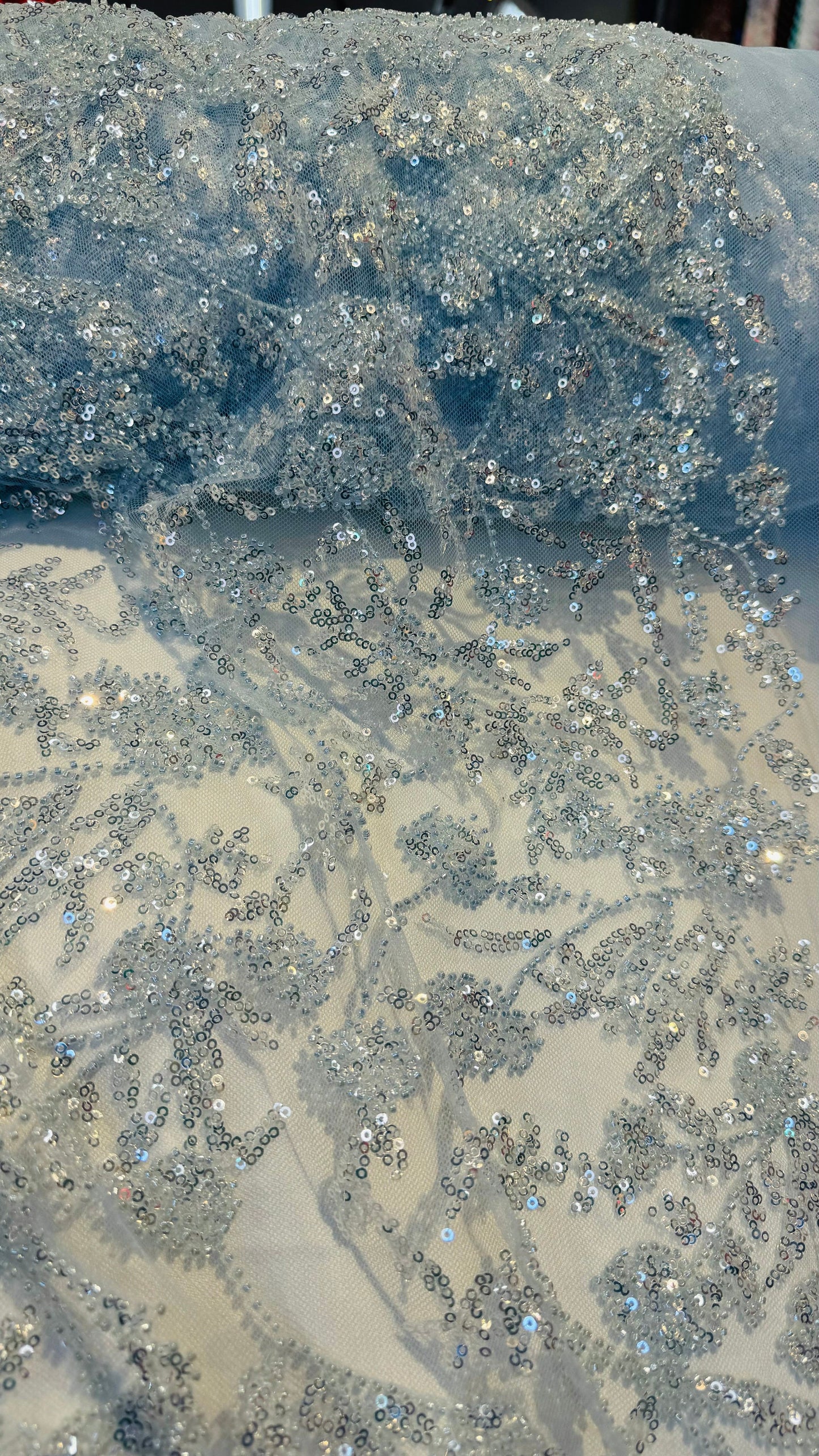 Luxury 3D Beaded Paris lace design embroidered on 4-way stretch mesh 55/57” High Quality fabrics by AlexLAFabrics
