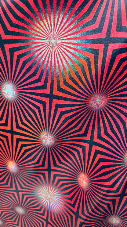 New psychedelic abstract design on metallic iridescent foggy foil metallic nylon spandex 4-way stretch 58/60” High quality fabrics by AlexLA