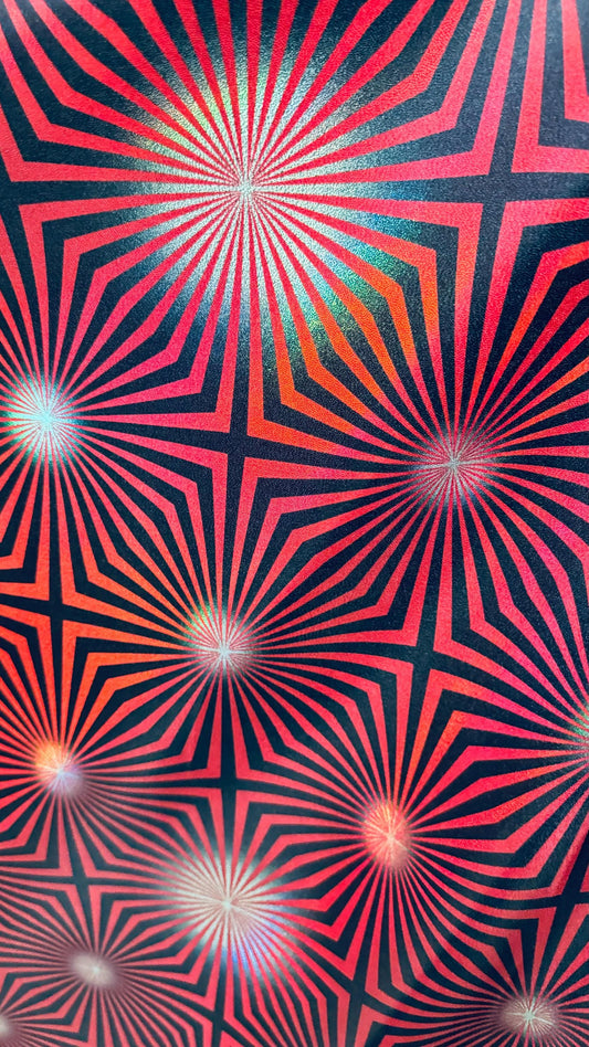 New psychedelic abstract design on metallic iridescent foggy foil metallic nylon spandex 4-way stretch 58/60” High quality fabrics by AlexLA