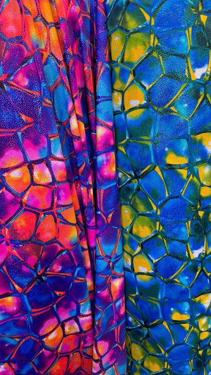 New Kaleidoscope vision abstrat design Nylon spandex with foggy foil best quality metallic fabric 4-way stretch 58/60” High quality fabrics
