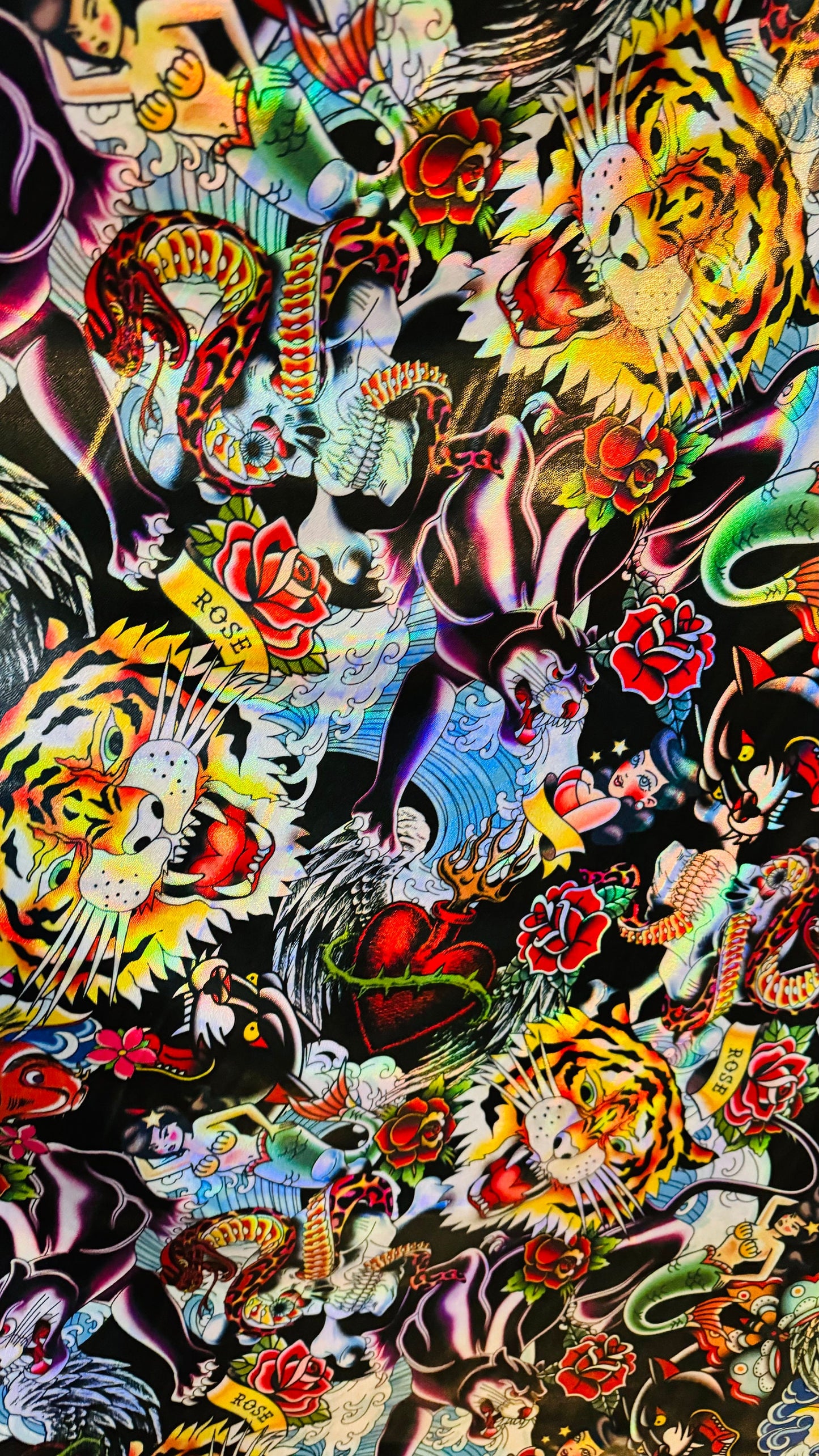 Luxury Japanese Tattoo design on shattered glass hologram metallic nylon spandex 4-way stretch 58/60” High Quality fabrics by AlexLAFabrics