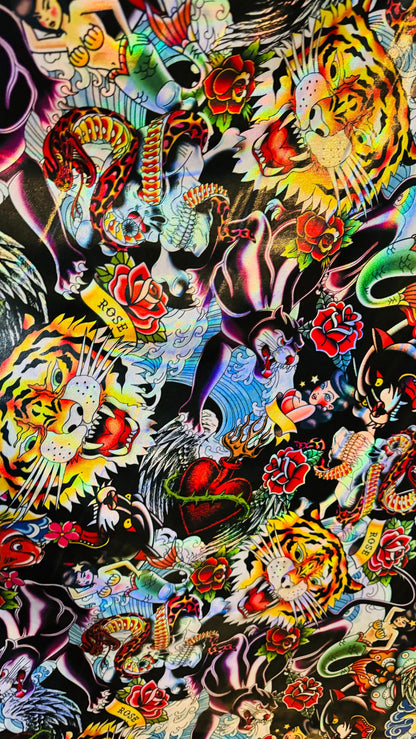 Luxury Japanese Tattoo design on shattered glass hologram metallic nylon spandex 4-way stretch 58/60” High Quality fabrics by AlexLAFabrics