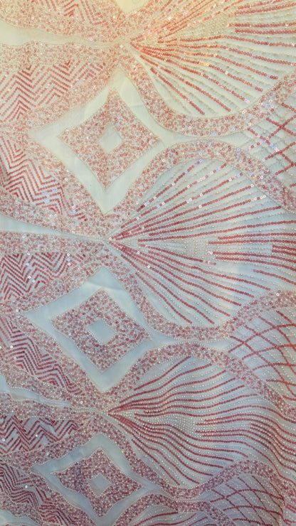 Luxury Geometric design Beaded Lace embroidered on spandex power mesh 4-way stretch 55/57” High Quality fabrics by AlexLAFabrics