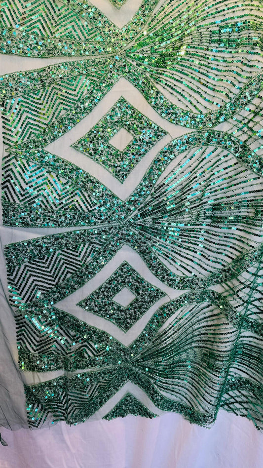 Luxury Geometric design Beaded Lace embroidered on spandex power mesh 4-way stretch 55/57” High Quality fabrics by AlexLAFabrics