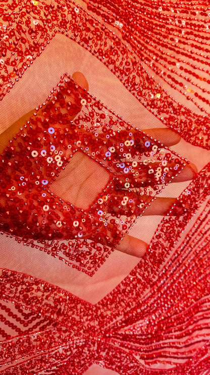 Luxury Geometric Beaded Lace design embroidered in power mesh 4-way stretch 55/57” High Quality fabrics by AlexLAFabrics