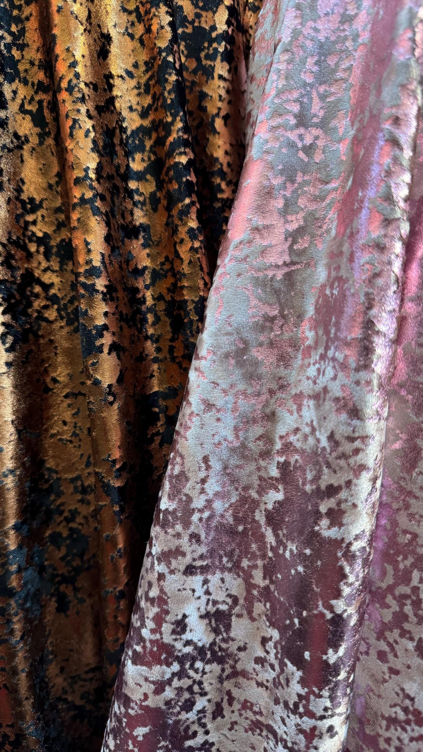 Splatter Paint design on stretch velvet with all over foil metallic spandex velvet 4-way stretch 58/60” High quality fabrics by AlexLAFabric