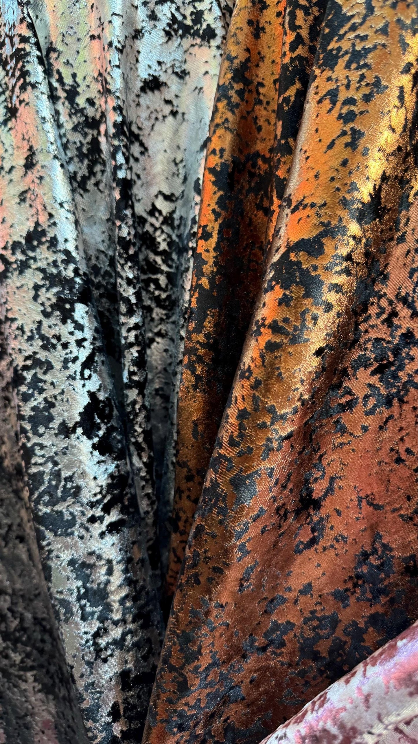 Splatter Paint design on stretch velvet with all over foil metallic spandex velvet 4-way stretch 58/60” High quality fabrics by AlexLAFabric