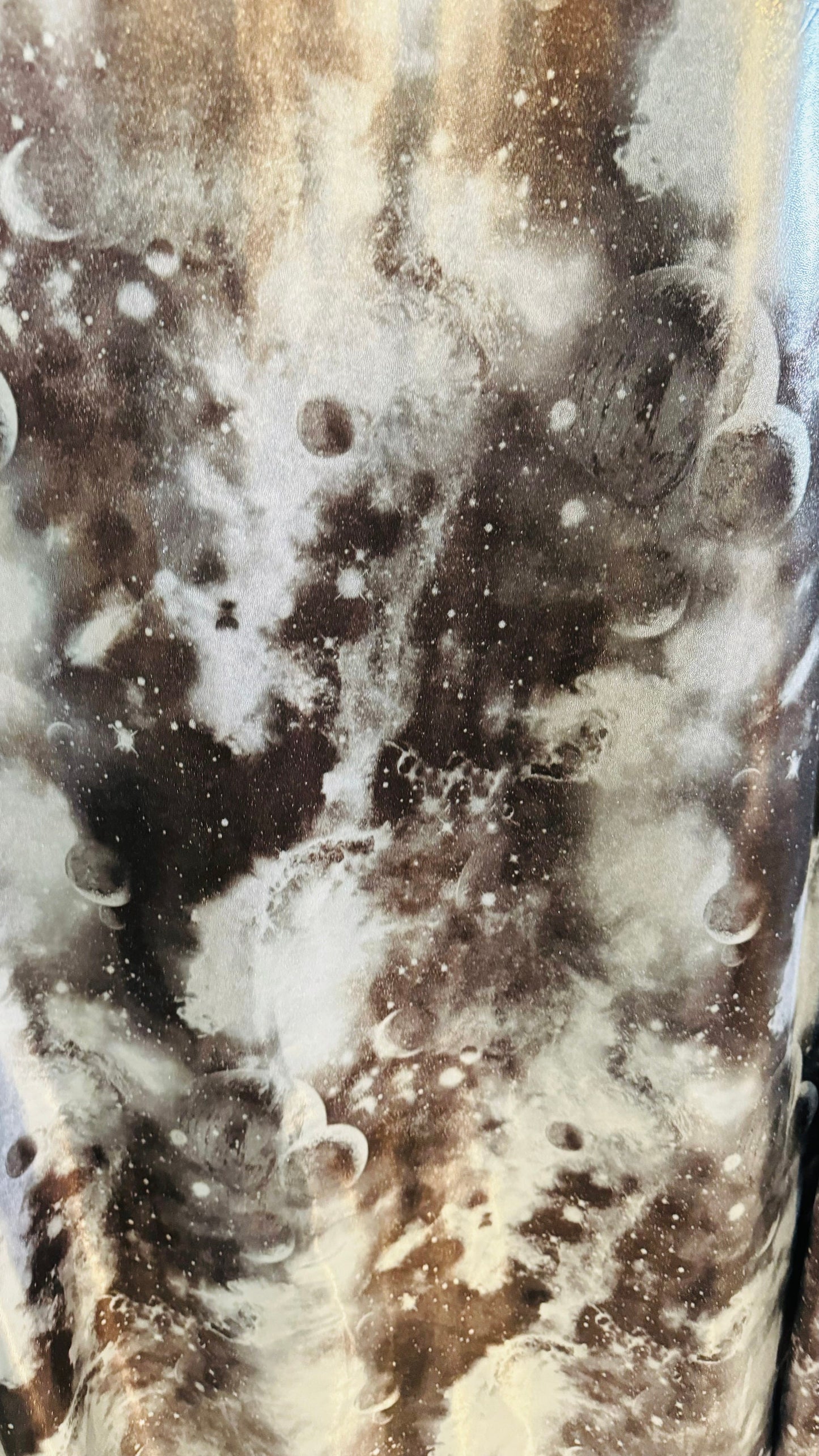 Galaxy design on metallic foggy foil nylon spandex 4-way stretch 58/60” High quality fabrics by AlexLAFabrics
