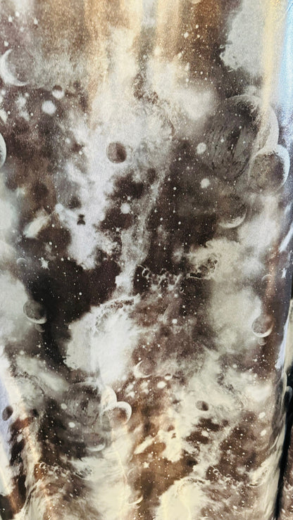 Galaxy design on metallic foggy foil nylon spandex 4-way stretch 58/60” High quality fabrics by AlexLAFabrics