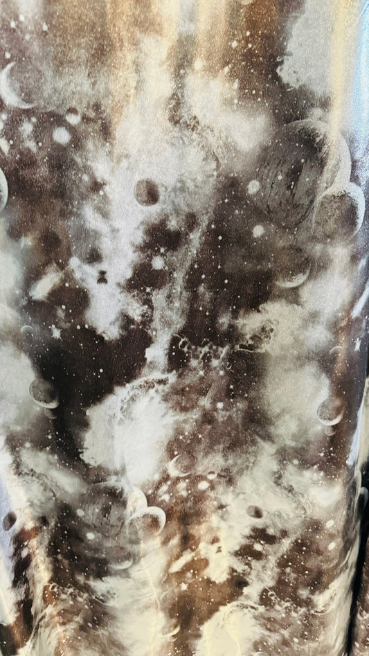Galaxy design on metallic foggy foil nylon spandex 4-way stretch 58/60” High quality fabrics by AlexLAFabrics