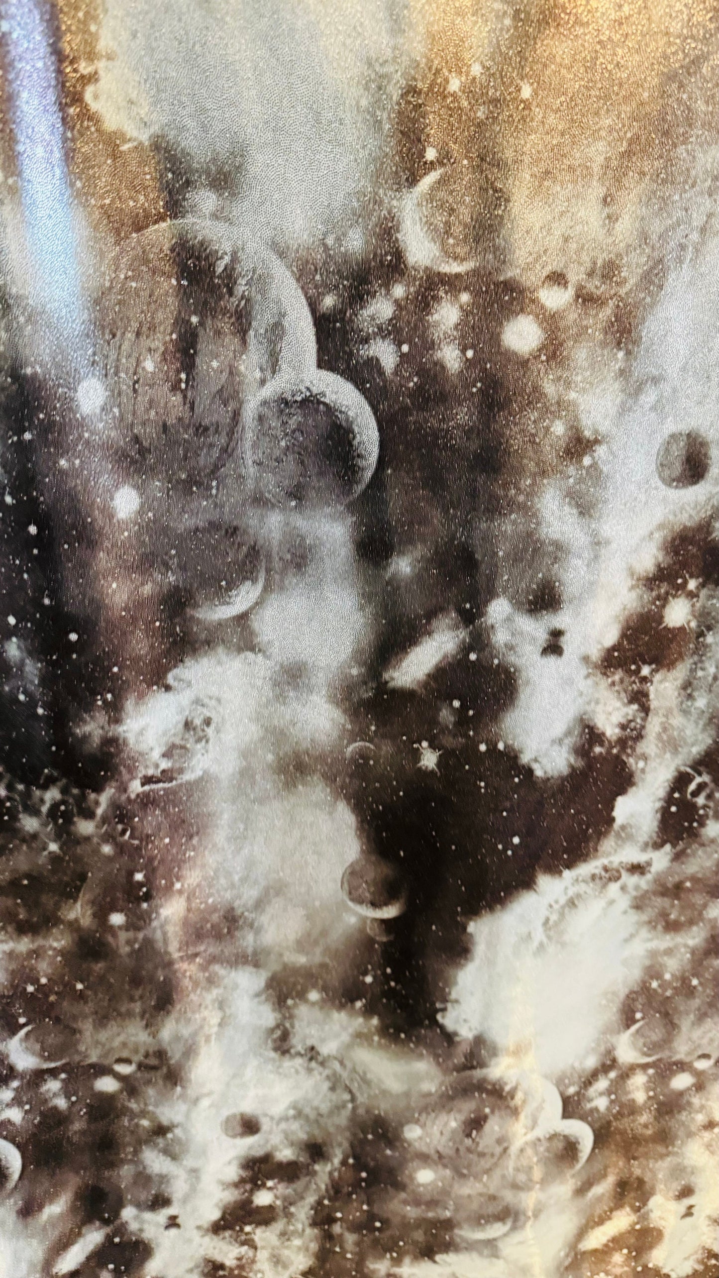 Galaxy design on metallic foggy foil nylon spandex 4-way stretch 58/60” High quality fabrics by AlexLAFabrics