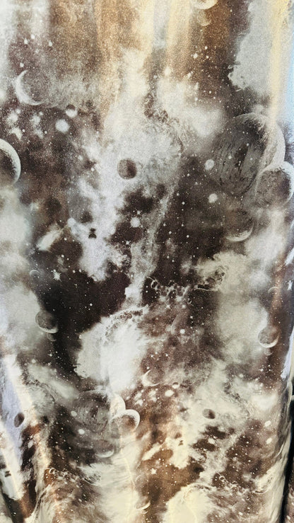 Galaxy design on metallic foggy foil nylon spandex 4-way stretch 58/60” High quality fabrics by AlexLAFabrics