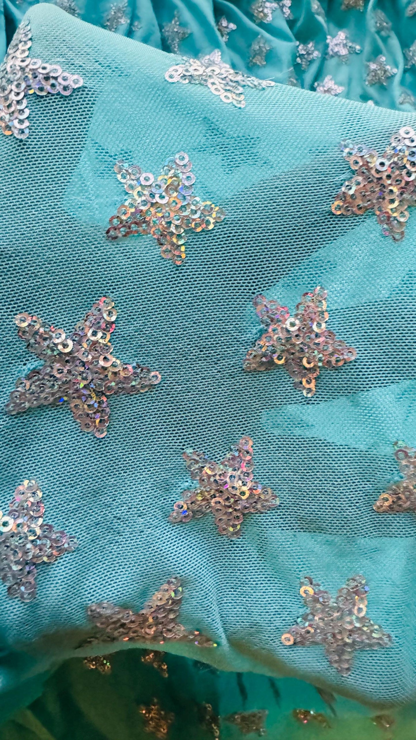 Stars Luxury sequins  design Tiffany/Silver embroidered on nylon power mesh 4-way stretch 55/57” High quality fabrics by AlexLAFabrics