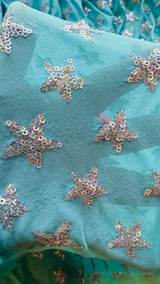 Stars Luxury sequins  design Tiffany/Silver embroidered on nylon power mesh 4-way stretch 55/57” High quality fabrics by AlexLAFabrics