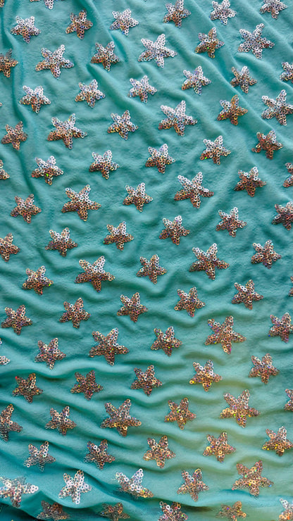 Stars Luxury sequins  design Tiffany/Silver embroidered on nylon power mesh 4-way stretch 55/57” High quality fabrics by AlexLAFabrics