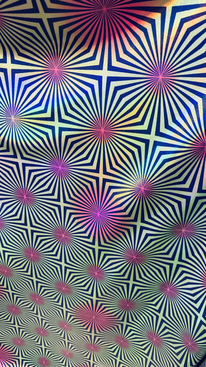 New psychedelic abstract design on metallic iridescent foggy foil metallic nylon spandex 4-way stretch 58/60” High quality fabrics by AlexLA