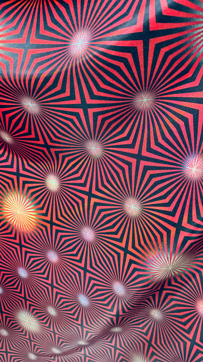 New psychedelic abstract design on metallic iridescent foggy foil metallic nylon spandex 4-way stretch 58/60” High quality fabrics by AlexLA