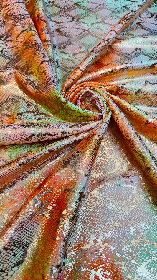 Snake design on tie dye stretch velvet with foil 4-way stretch 58/60” High quality fabrics by AlexLAFabrics