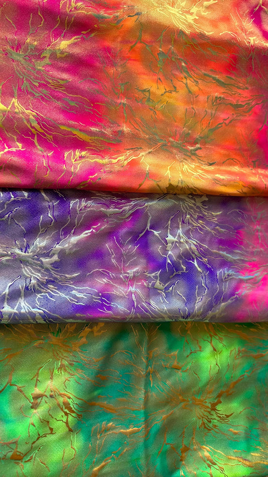 New Luxury Tie Dye Modern Abstract design hologram metallic nylon spandex 4-way stretch 58/60” Sold by the YD. Ships worldwide from LA