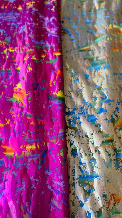 New splatter design metallic nylon spandex 4-way stretch 58/60” Sold by the YD. Ships worldwide from Los Angeles California USA.