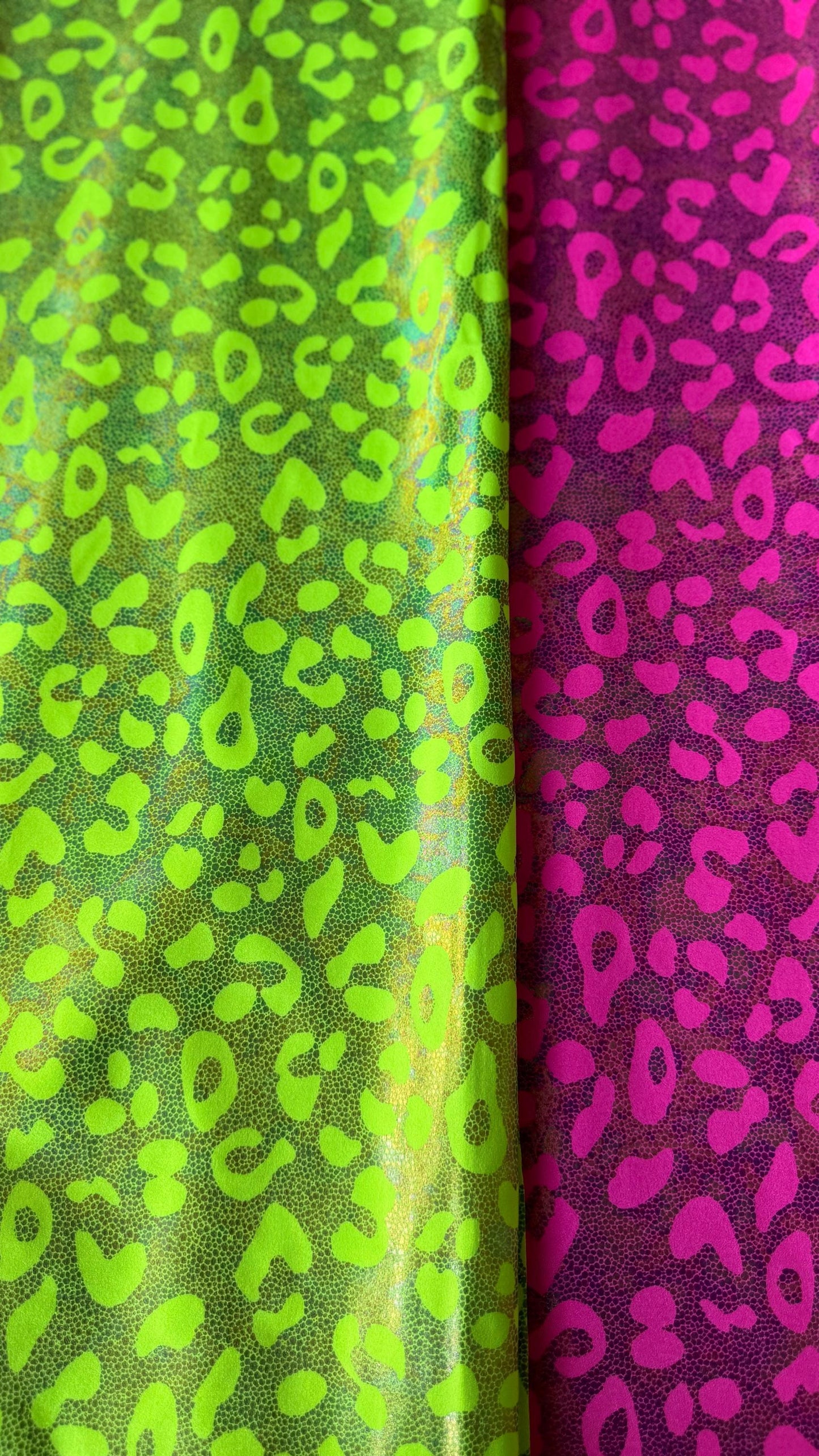 New exotic iridescent leopard design hologram nylon spandex 4-way stretch 58/60” Sold by the YD. Ships worldwide from Los Ángeles California