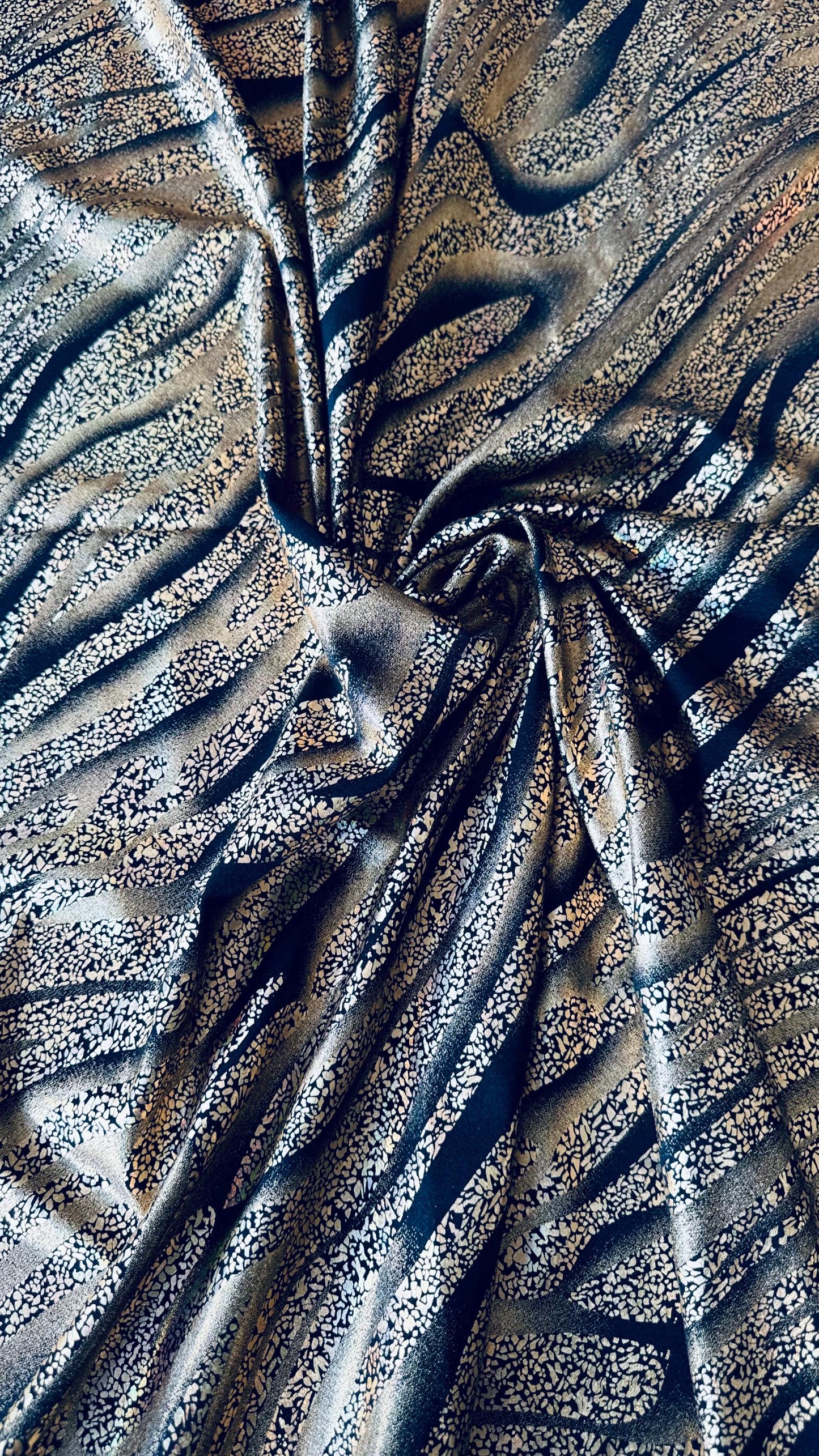 New Exotic Hologram zebra design metallic nylon spandex 4-way stretch 58/60” High quality fabrics by AlexLAFabrics