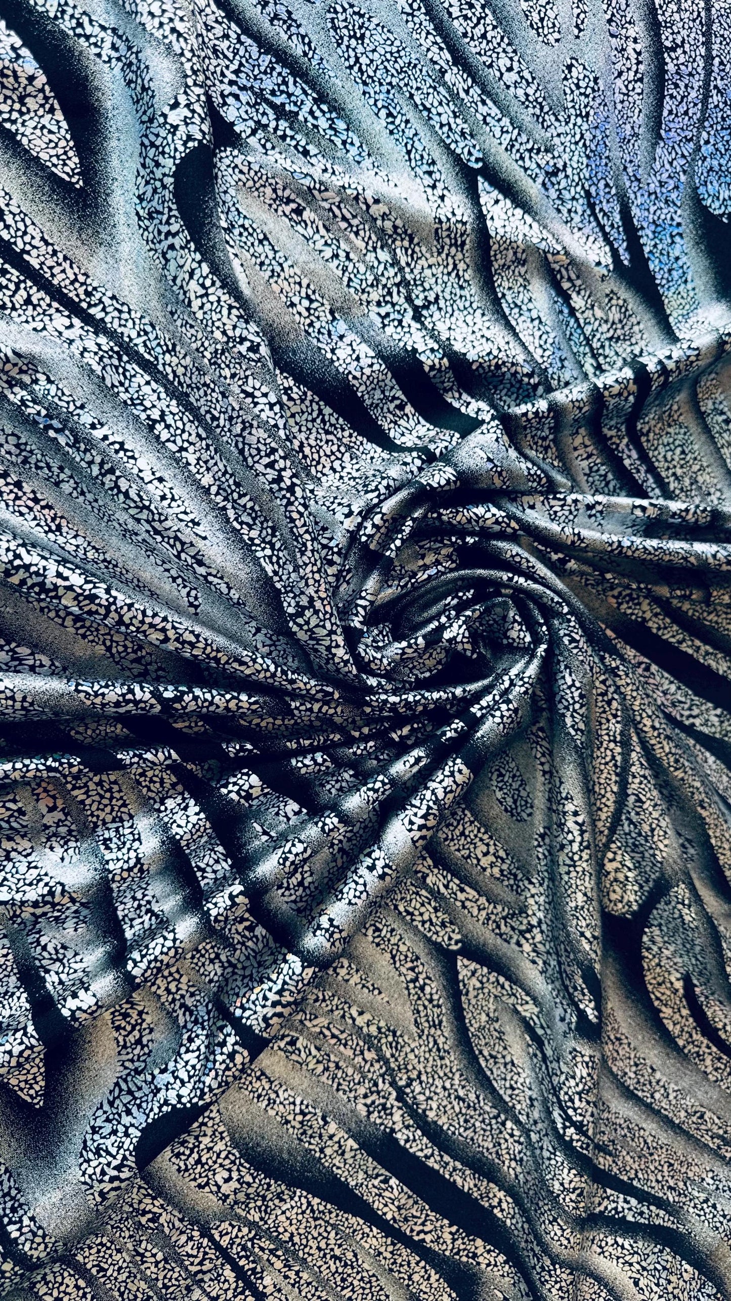 New Exotic Hologram zebra design metallic nylon spandex 4-way stretch 58/60” High quality fabrics by AlexLAFabrics