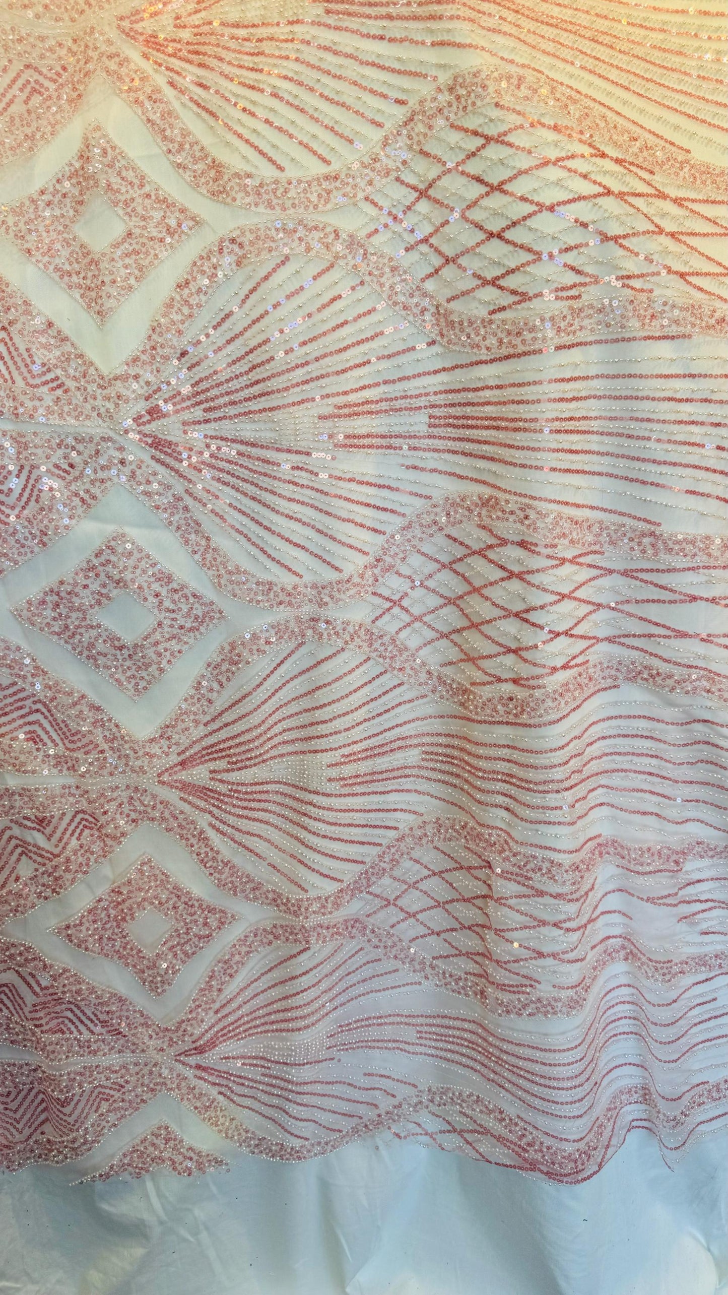 Luxury Geometric design Beaded Lace embroidered on spandex power mesh 4-way stretch 55/57” High Quality fabrics by AlexLAFabrics