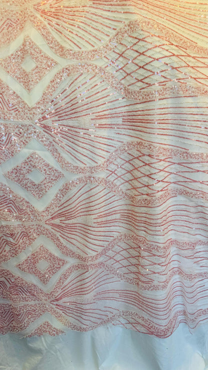 Luxury Geometric design Beaded Lace embroidered on spandex power mesh 4-way stretch 55/57” High Quality fabrics by AlexLAFabrics