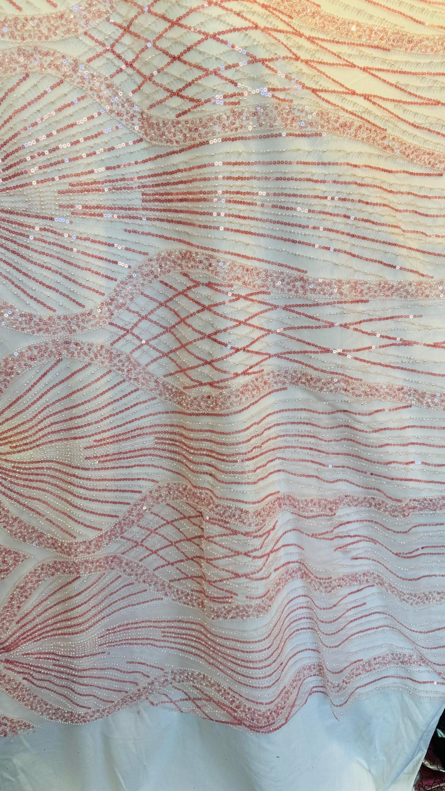 Luxury Geometric design Beaded Lace embroidered on spandex power mesh 4-way stretch 55/57” High Quality fabrics by AlexLAFabrics