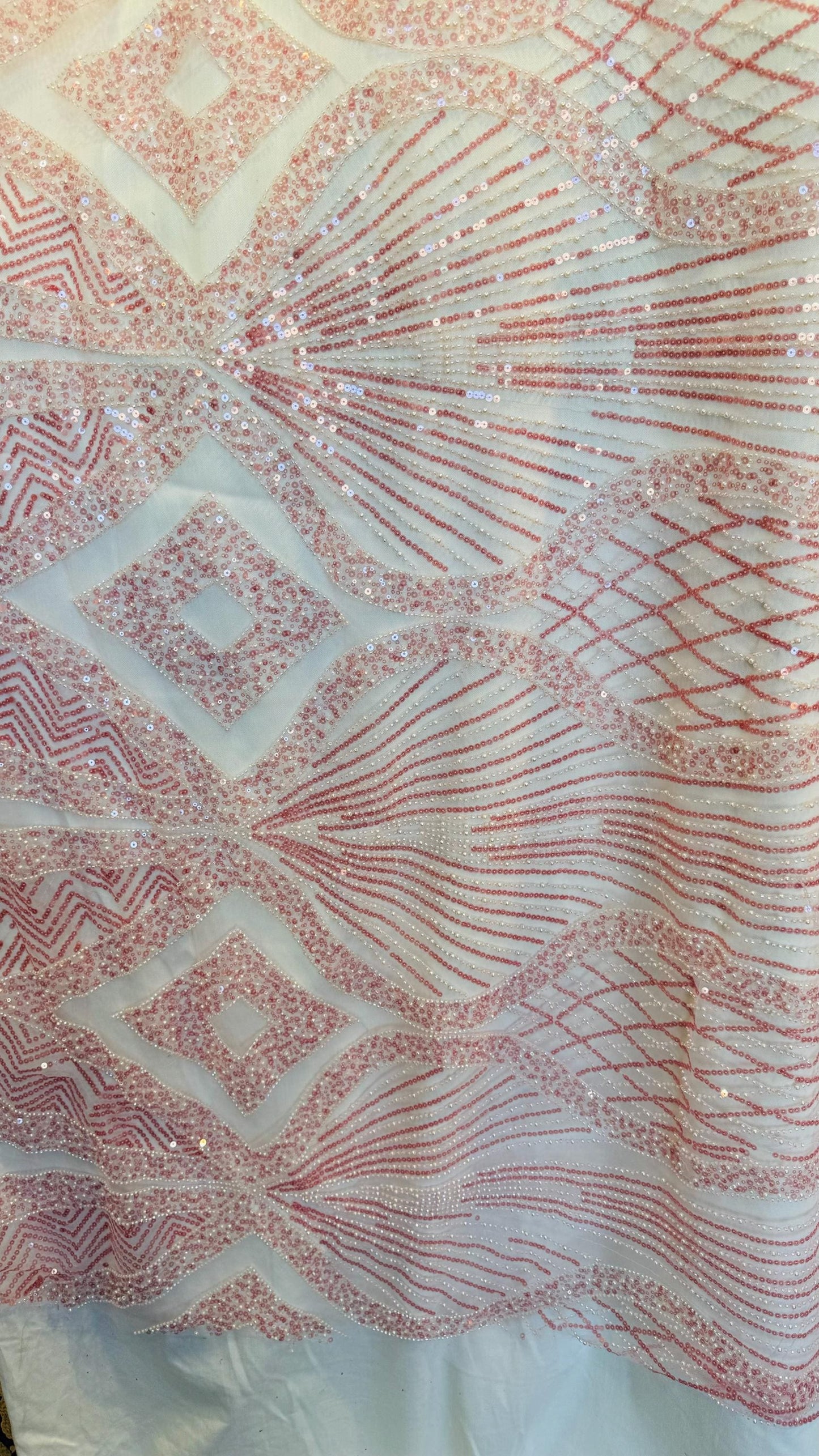 Luxury Geometric design Beaded Lace embroidered on spandex power mesh 4-way stretch 55/57” High Quality fabrics by AlexLAFabrics