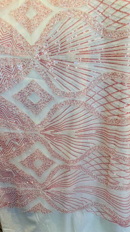 Luxury Geometric design Beaded Lace embroidered on spandex power mesh 4-way stretch 55/57” High Quality fabrics by AlexLAFabrics
