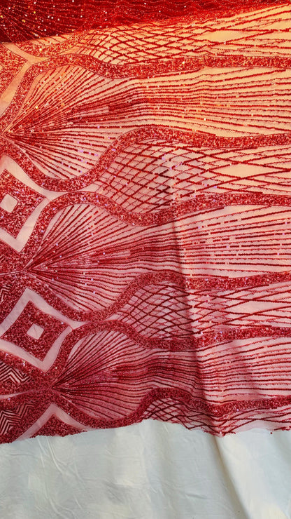 Luxury Geometric Beaded Lace design embroidered in power mesh 4-way stretch 55/57” High Quality fabrics by AlexLAFabrics