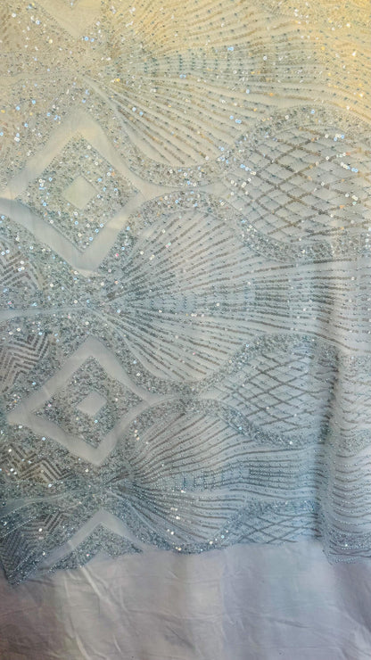 Luxury Geometric Beaded Lace design embroidered in power mesh 4-way stretch 55/57” High Quality fabrics by AlexLAFabrics