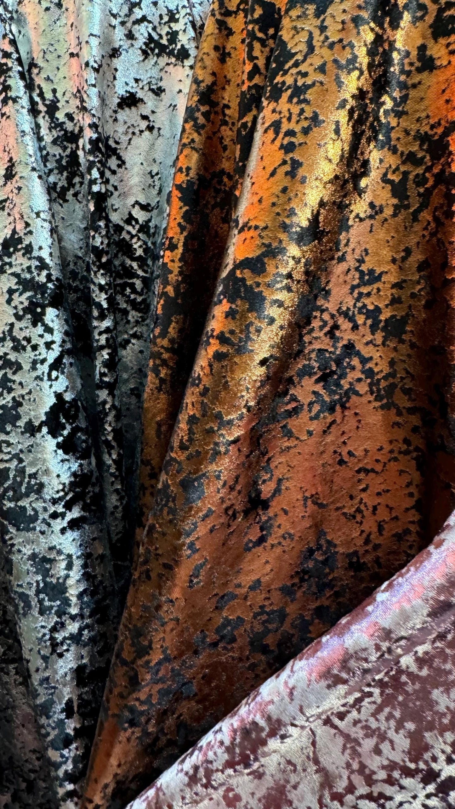 Splatter Paint design on stretch velvet with all over foil metallic spandex velvet 4-way stretch 58/60” High quality fabrics by AlexLAFabric