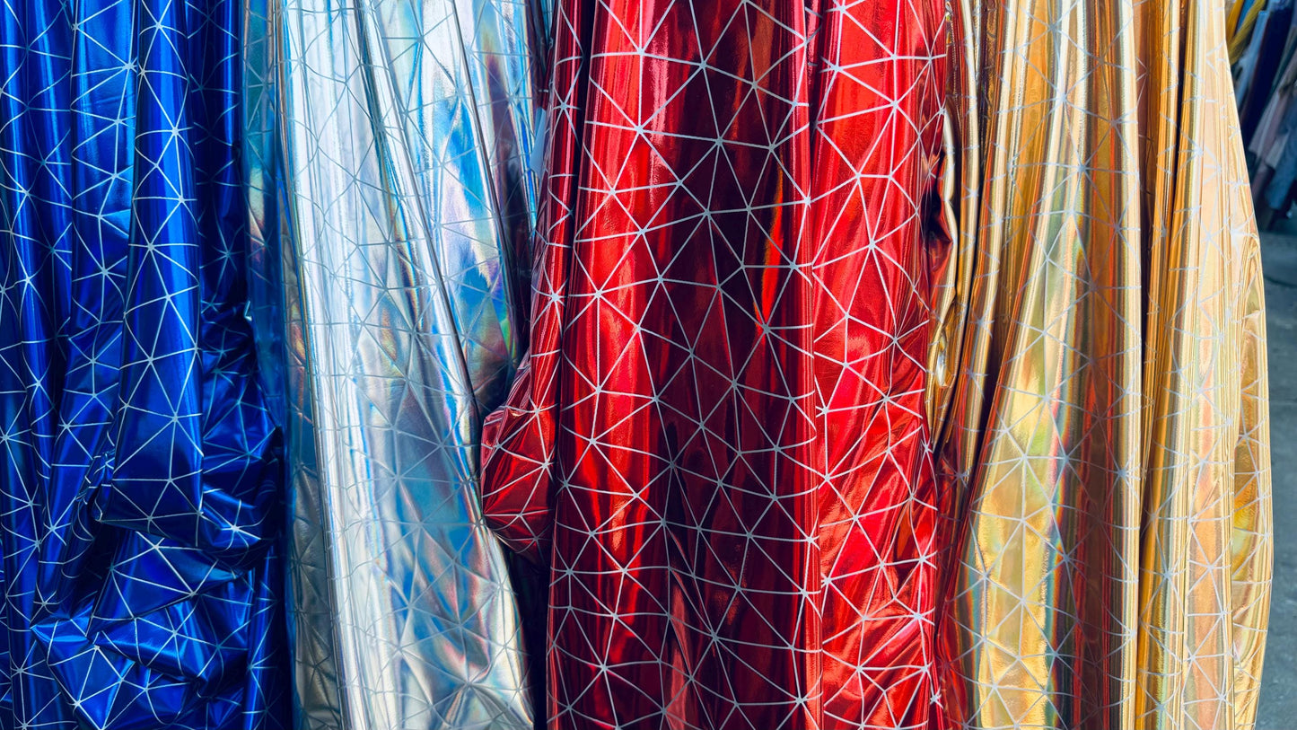 New shattered glass design Iridescent foil metallic nylon spandex 4-way stretch 58/60” Sold by the YD. Ships Worldwide from Los Angeles CA