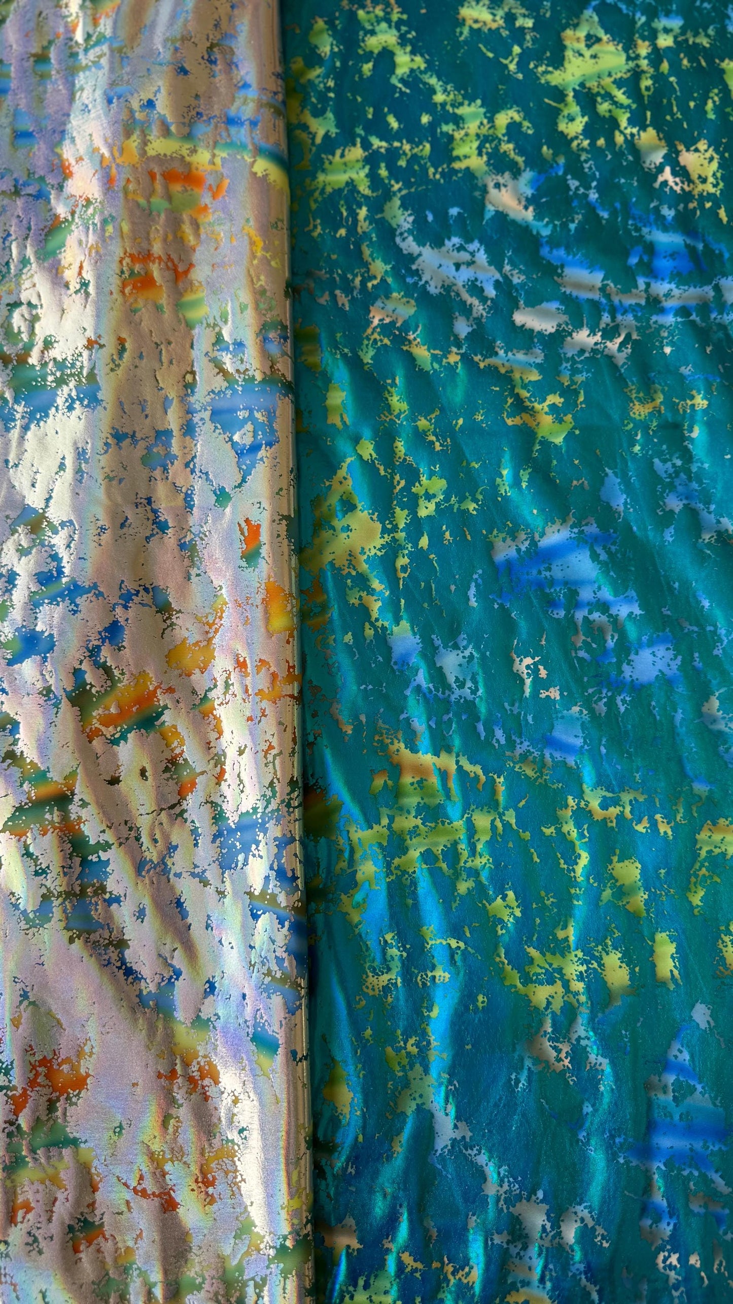 New splatter design metallic nylon spandex 4-way stretch 58/60” Sold by the YD. Ships worldwide from Los Angeles California USA.