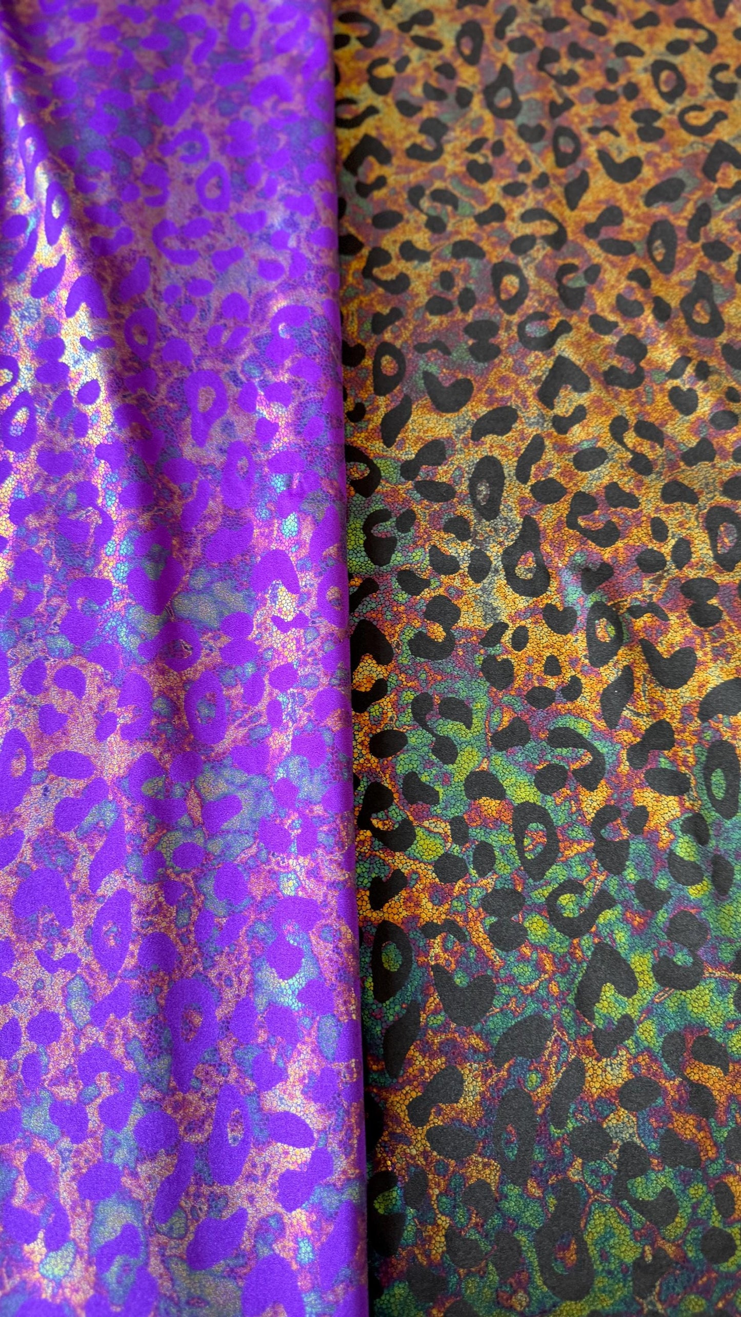 New exotic iridescent leopard design hologram nylon spandex 4-way stretch 58/60” Sold by the YD. Ships worldwide from Los Ángeles California