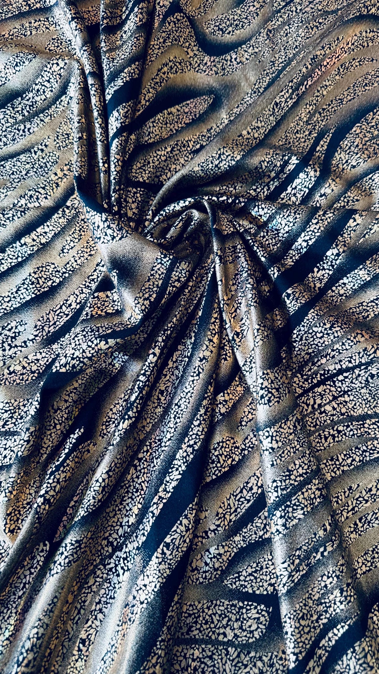 New Exotic Hologram zebra design metallic nylon spandex 4-way stretch 58/60” High quality fabrics by AlexLAFabrics