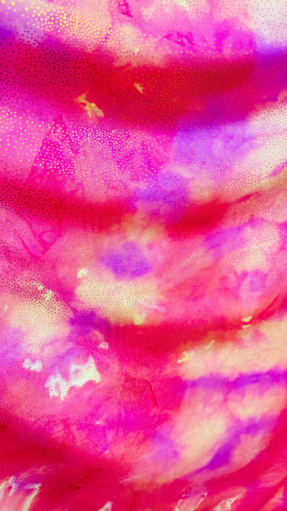 New tie dye nylon spandex with foil  4way Stretch coral/yellow  58/60”  sold by the yd. ships worldwide from Los Angeles California USA